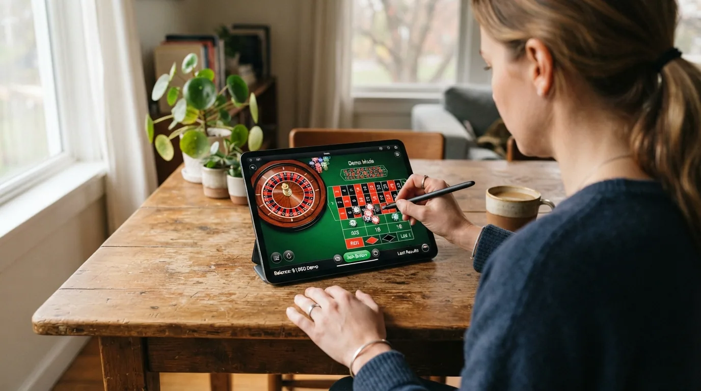 Pantalla de ruleta en modo demo con fichas virtuales de colores sobre el tapete y un saldo de prueba visible en la esquina superior