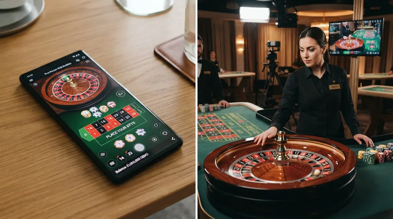 Pantalla dividida: a la izquierda, una mesa de ruleta RNG en modo demo con fichas virtuales; a la derecha, un crupier real en una mesa de ruleta en vivo con el chat abierto