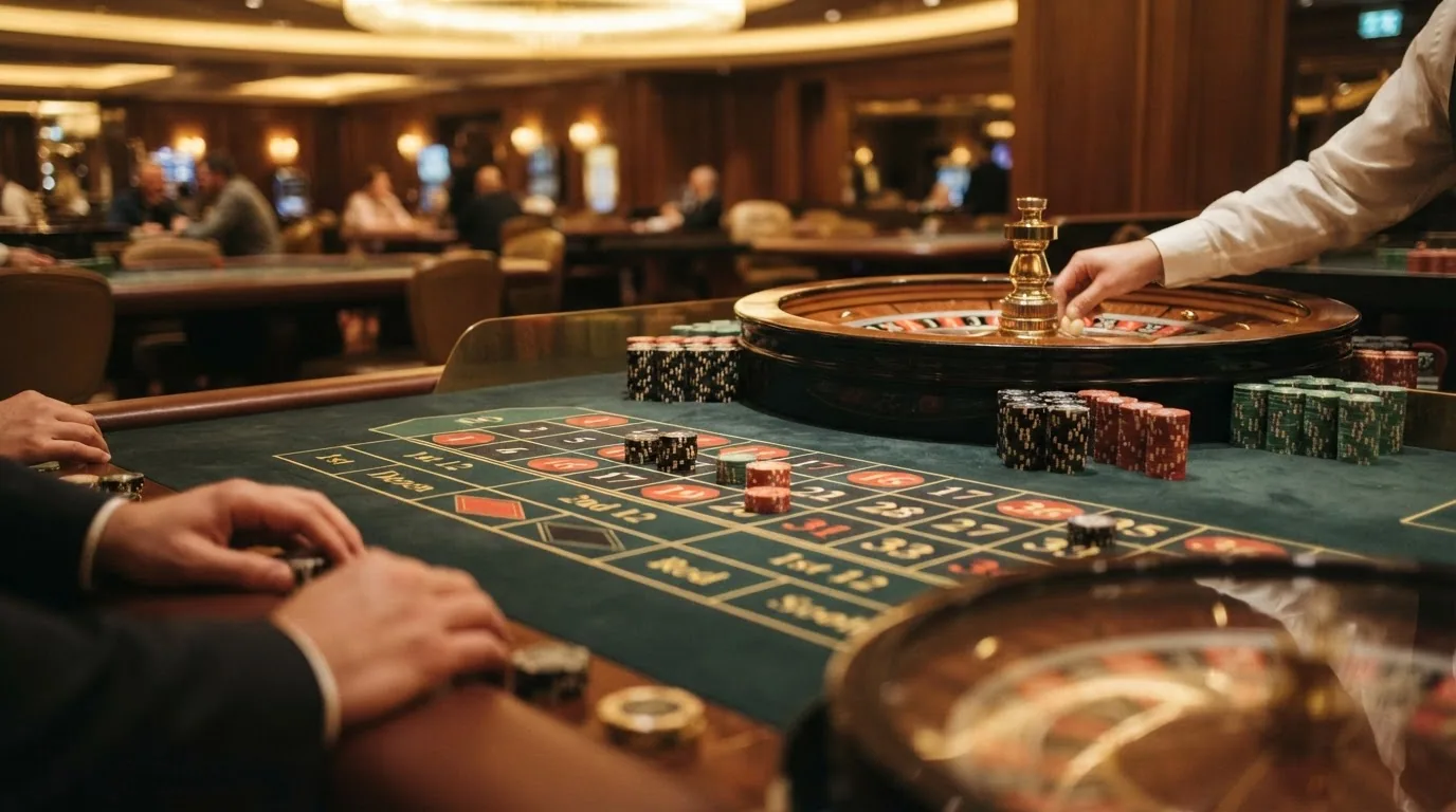 Primer plano de una ruleta en vivo con crupier real y la interfaz de apuestas visible en pantalla, destacando las apuestas a pleno y vecinos