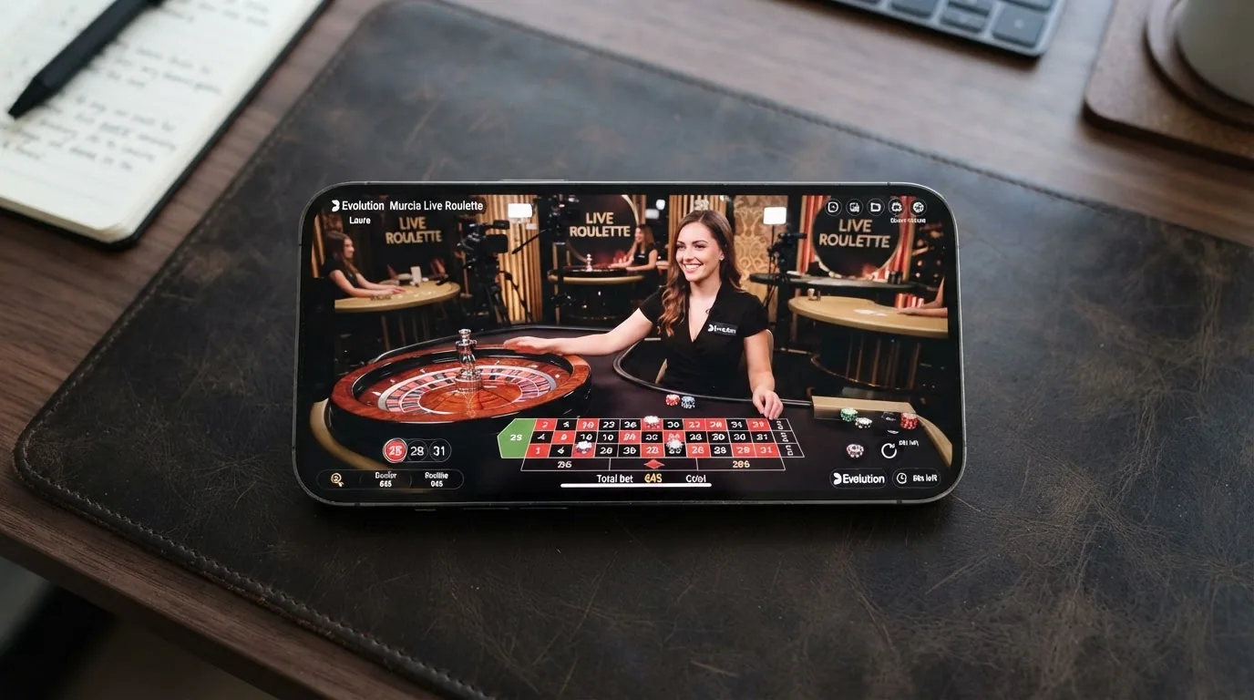 Pantalla de iPhone mostrando una mesa de ruleta en vivo con crupier real
