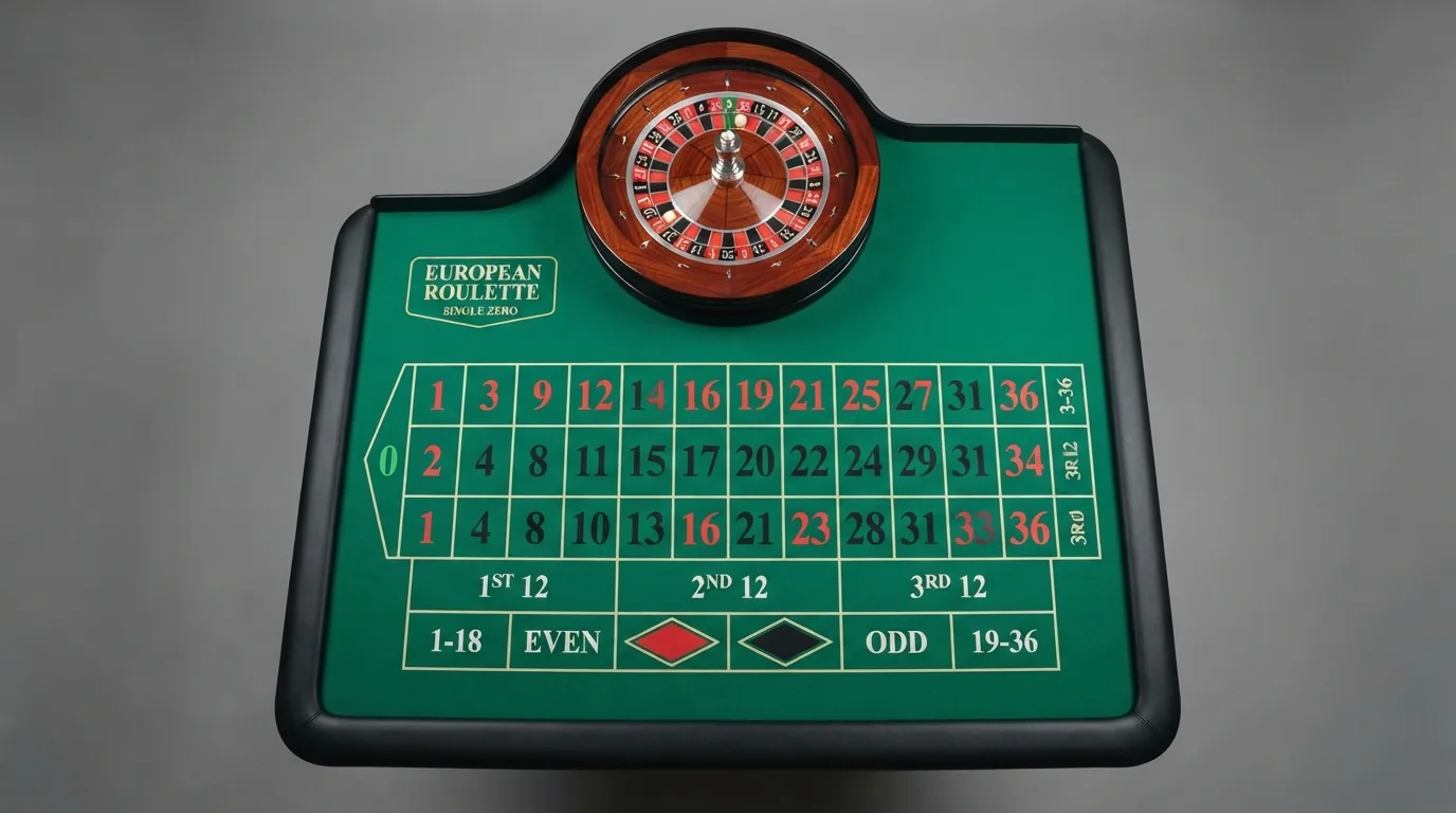 Mesa de ruleta europea con un solo cero verde, 36 números alternando rojo y negro, y el tapete de apuestas en primer plano