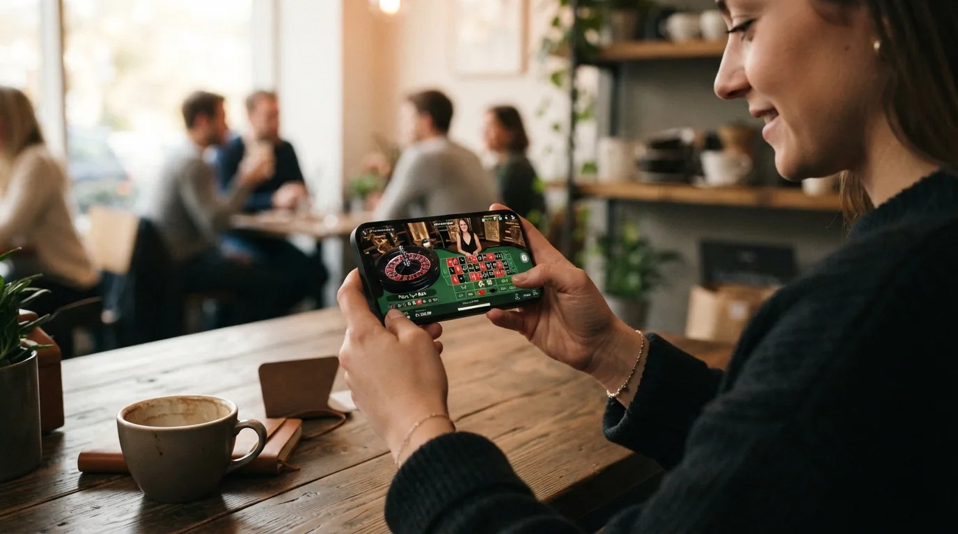 Teléfono móvil en orientación horizontal mostrando una mesa de ruleta en vivo con la interfaz de apuesta adaptada a pantalla táctil
