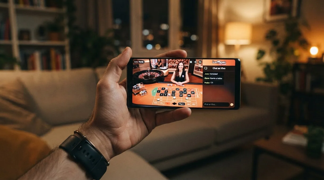 Mano sujetando un teléfono en horizontal con una mesa de ruleta en vivo a pantalla completa, mostrando la interfaz táctil de apuestas