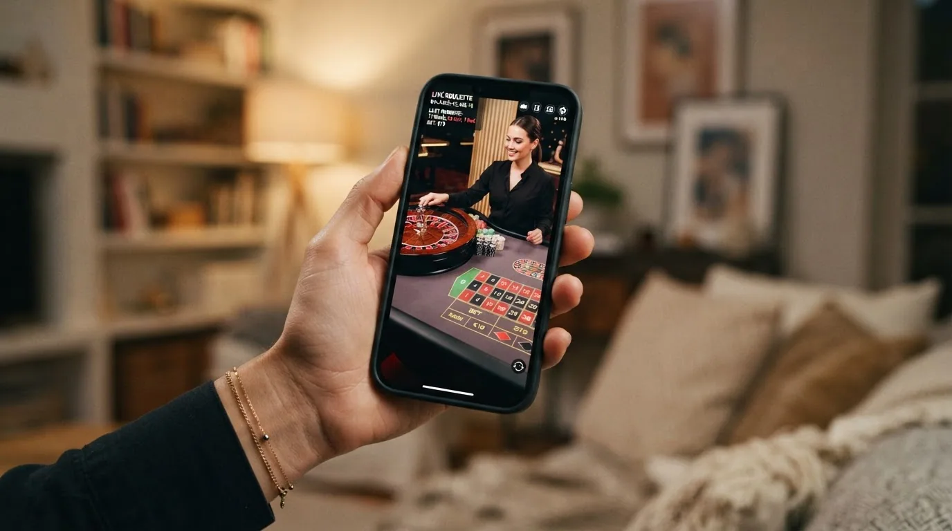 Pantalla de móvil con una mesa de ruleta en vivo en emisión, mostrando un crupier real junto a la ruleta europea