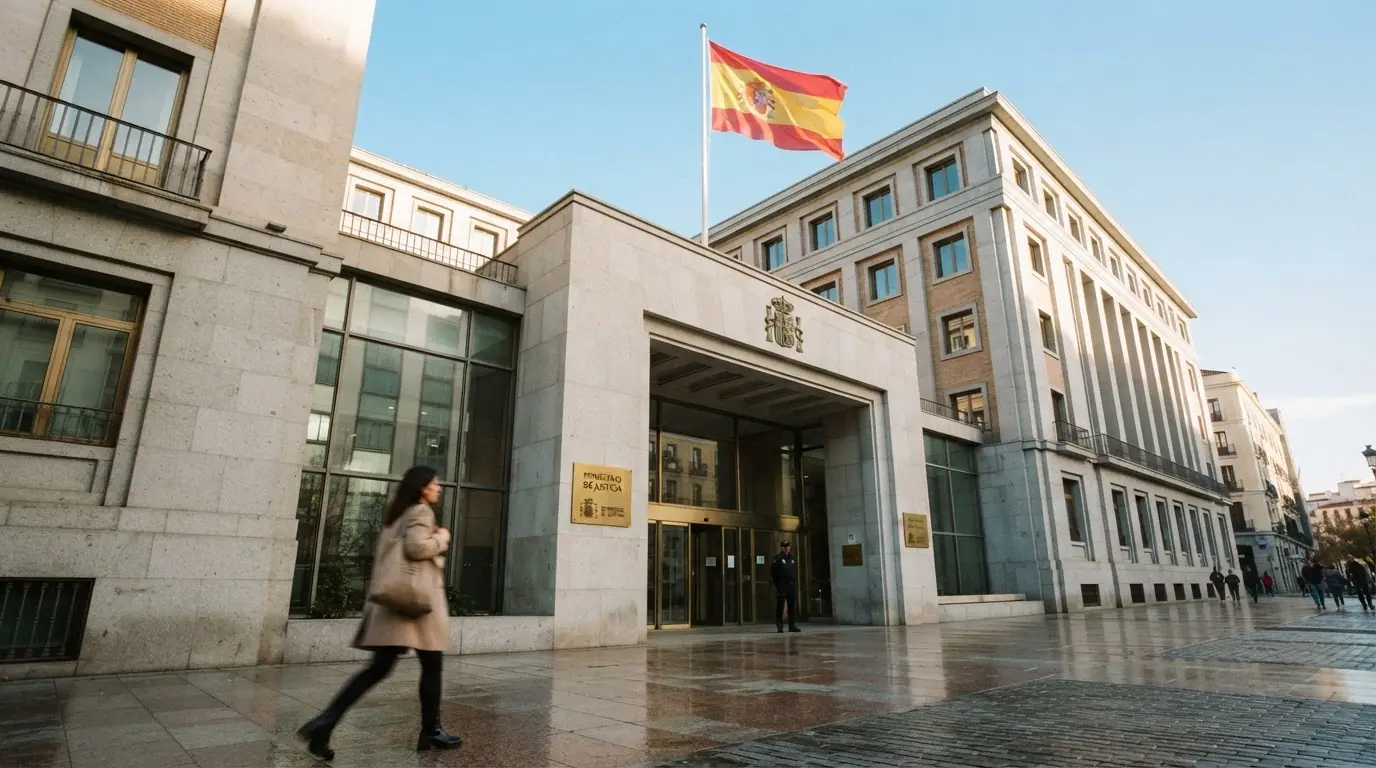 Fachada institucional de un edificio gubernamental español con la bandera nacional, en un entorno urbano diurno