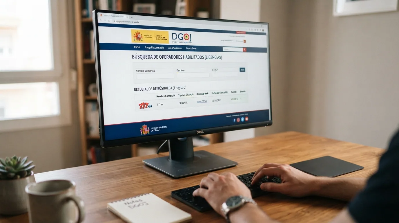 Pantalla del buscador público de operadores de la DGOJ con el resultado de un operador con licencia y su dominio .es