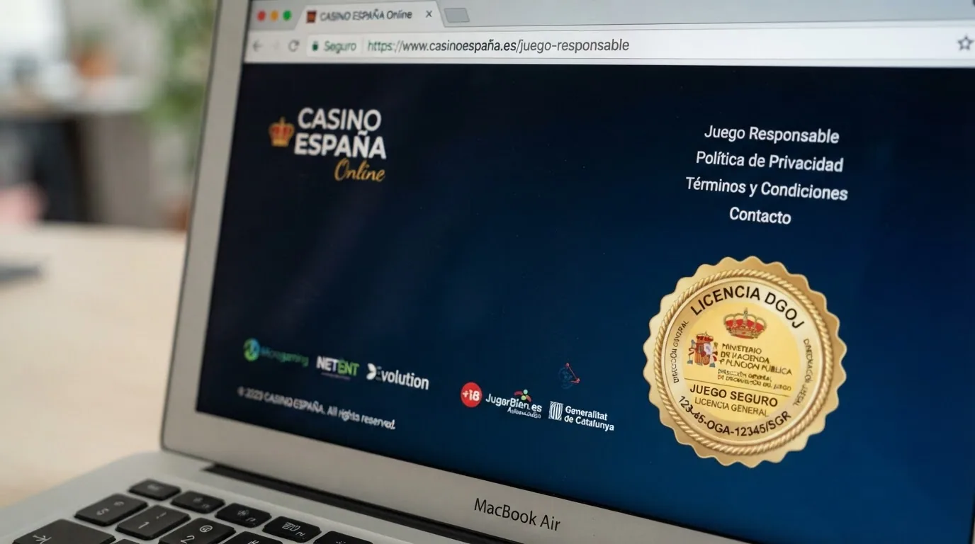 Captura del pie de página de un casino online español mostrando el sello de la DGOJ, el número de licencia y el dominio .es