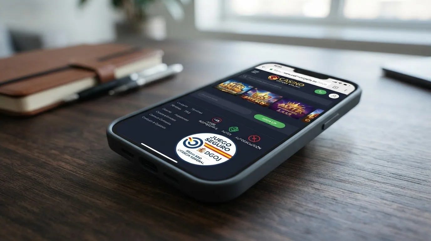 Sello de Juego Seguro de la DGOJ sobre la pantalla de un iPhone con el dominio .es visible