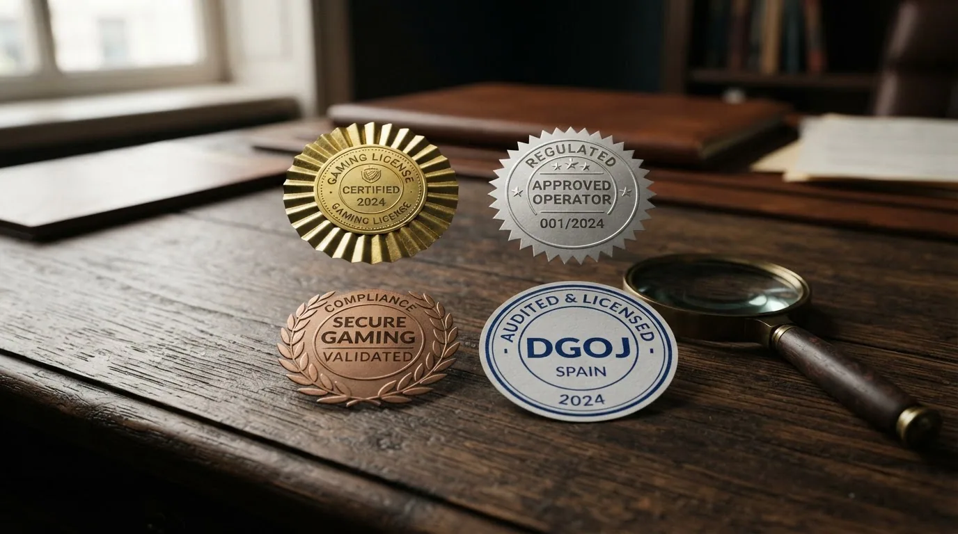 Cuatro sellos de licencia de juego sobre una mesa — Curaçao, MGA, Anjouan y DGOJ — con una lupa sobre el sello de la DGOJ