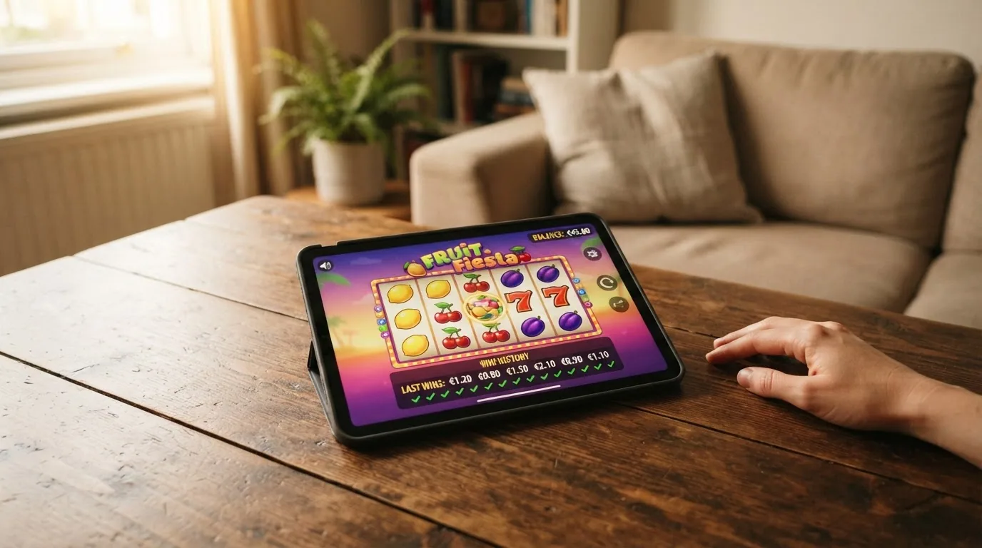 Jugador consultando el catálogo de slots en una tablet con un saldo de cuenta visible que se mantiene estable tras una sesión de juego