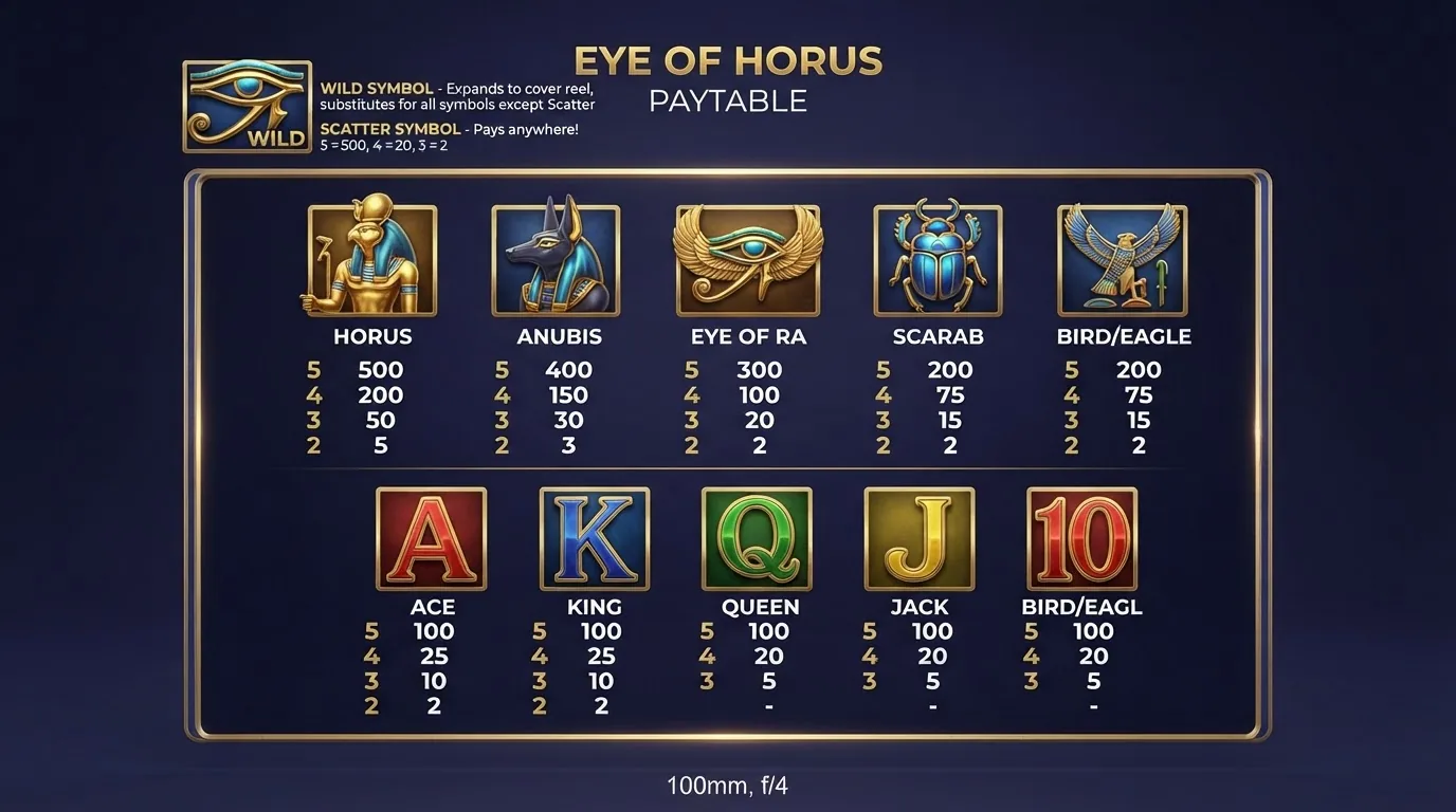 Tabla de pagos de Eye of Horus con los símbolos de mayor valor (Horus, Anubis, ojo) y los símbolos de menor valor (cartas A, K, Q, J, 10) ordenados por jerarquía de premio