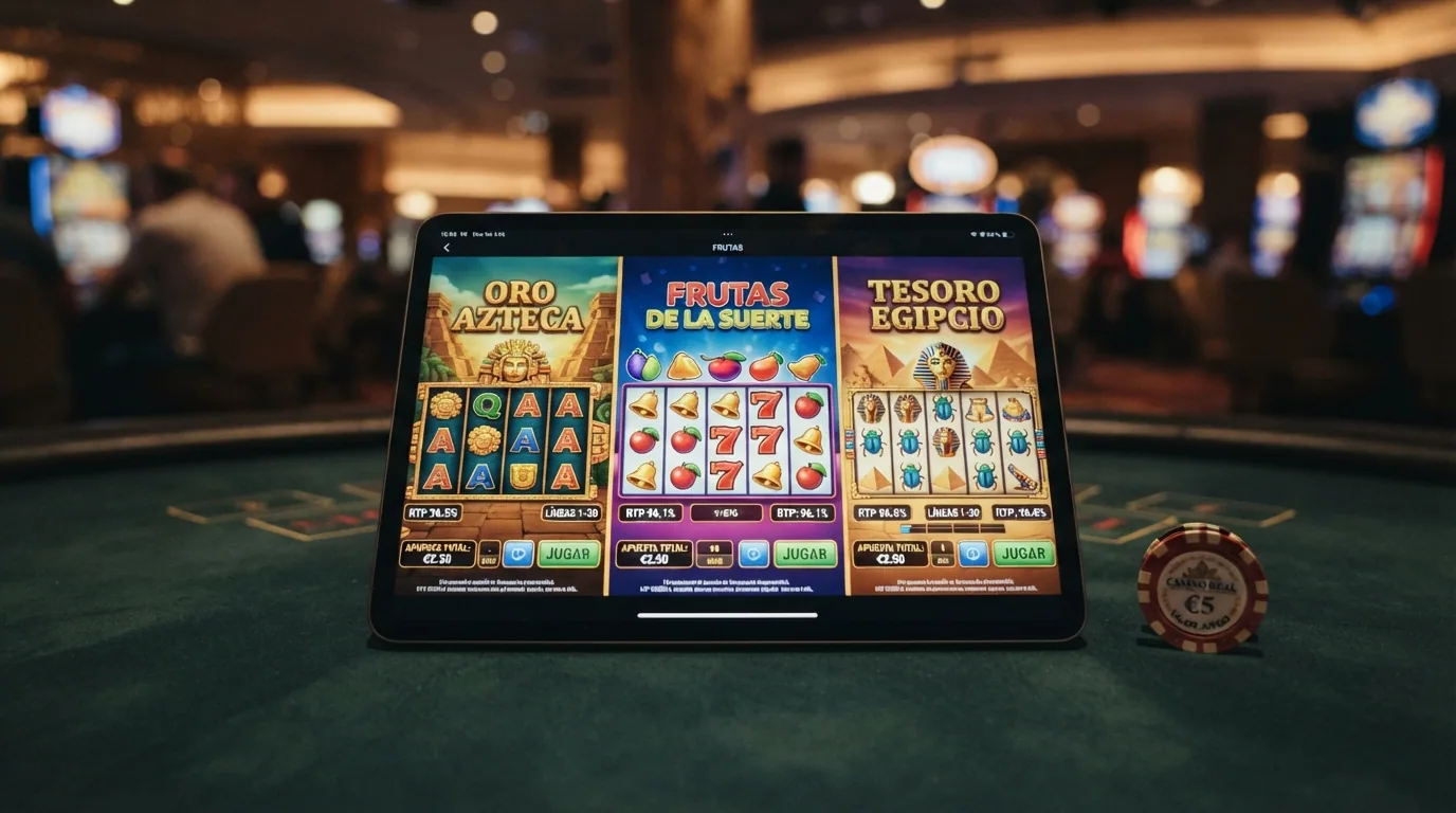 Captura de pantalla de tres tragaperras populares (Book of Dead, Big Bass Bonanza, Starburst) con su RTP y volatilidad visibles en la ficha del juego