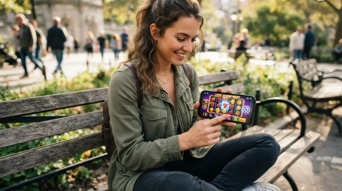 Mano sosteniendo un teléfono móvil en orientación horizontal con un slot online en funcionamiento y los botones de apuesta adaptados a la pantalla táctil