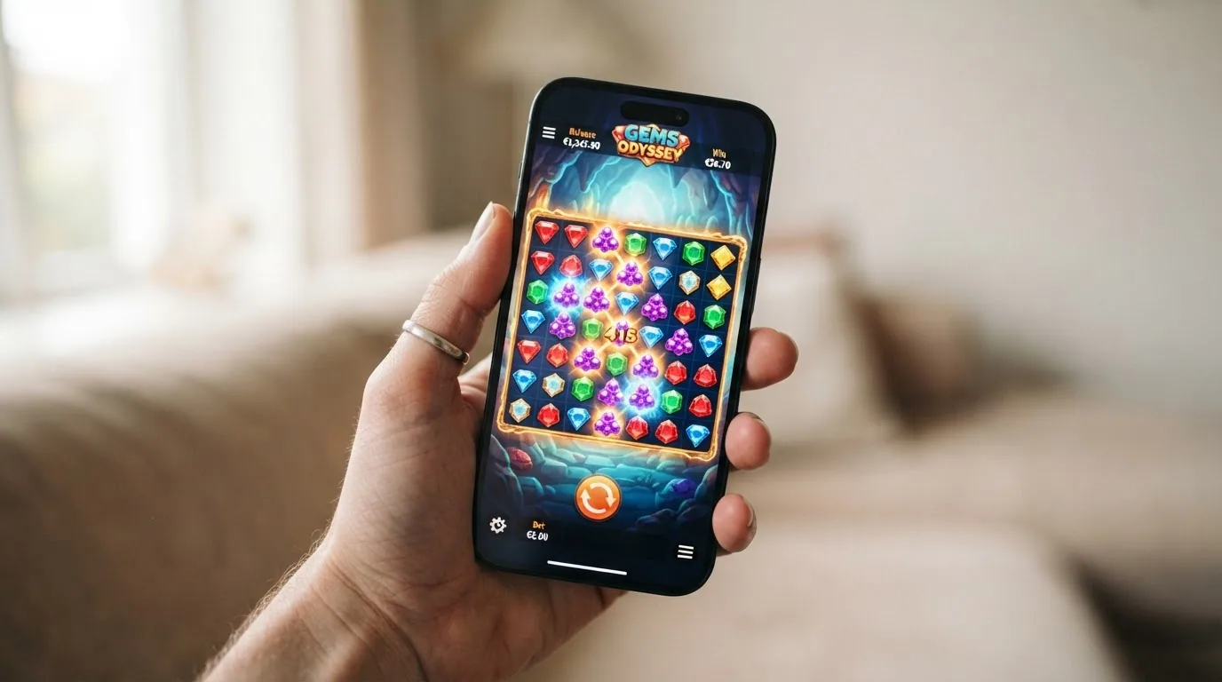 Un teléfono móvil en vertical mostrando la cuadrícula de Sweet Bonanza adaptada a la pantalla táctil