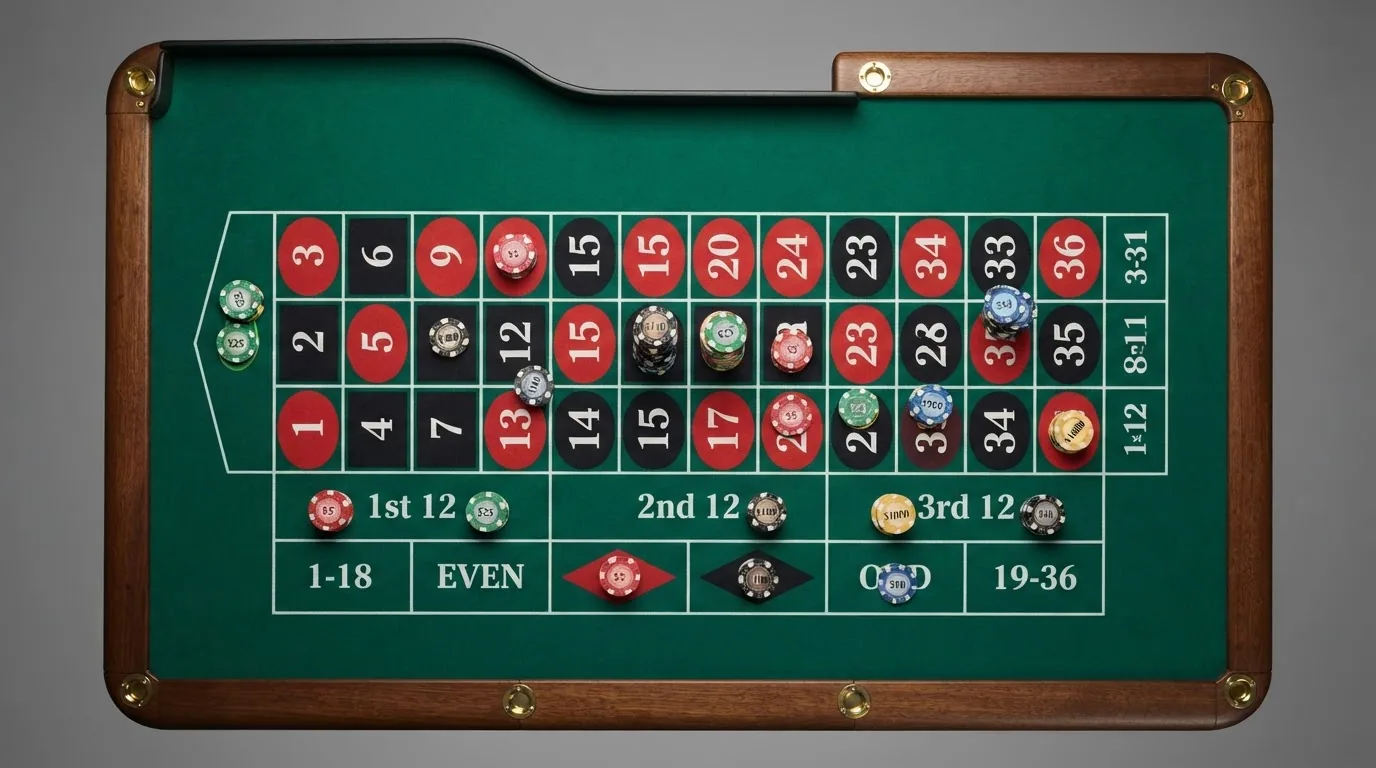 Vista cenital del tapete de apuestas de una ruleta con las zonas de apuestas interiores y exteriores señalizadas y fichas de colores sobre distintos tipos de apuesta