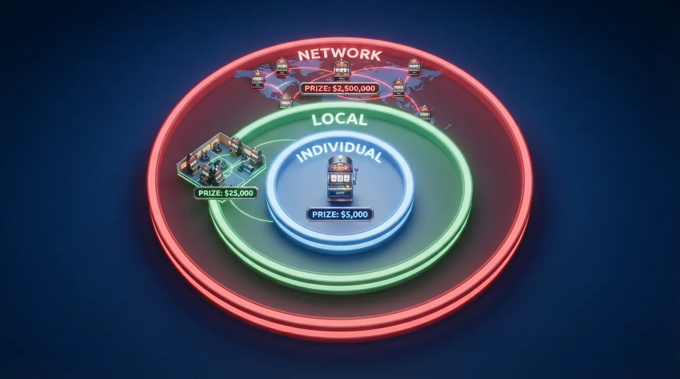Esquema visual con tres círculos concéntricos que representan el jackpot independiente, el local y el de red, con iconos de casino y cifras crecientes