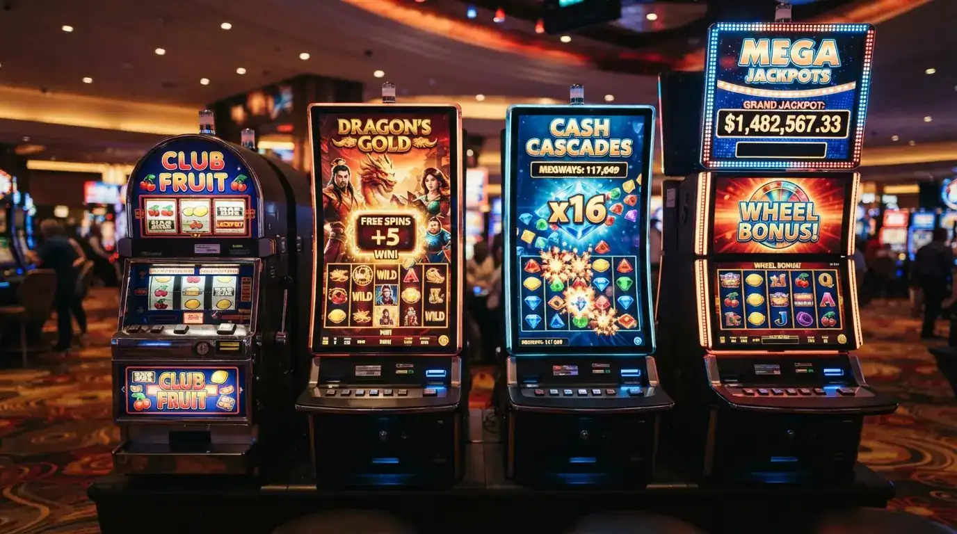 Cuatro pantallas de tragamonedas distintas en miniatura: una clásica de frutas, un video slot 3D, una Megaways y una progresiva con el bote en pantalla