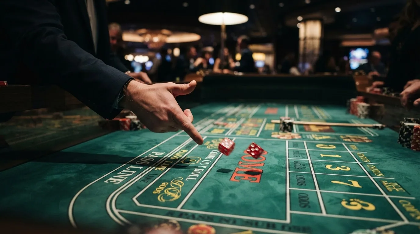 Primer plano de una mano lanzando dos dados sobre un tapete de craps con la zona de Pass Line visible