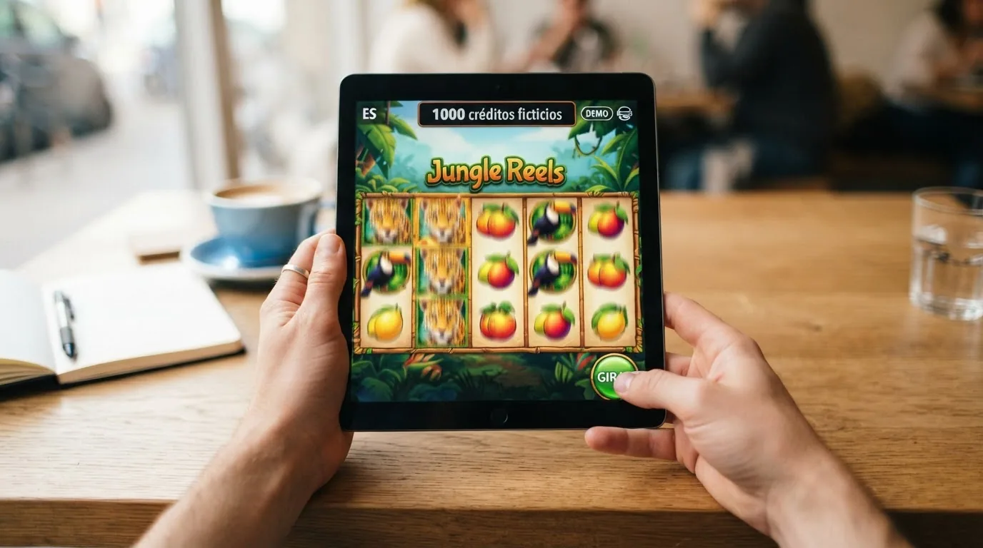 Interfaz de un slot en modo demo con el contador de créditos ficticios visible y el botón «jugar con dinero real» en pantalla