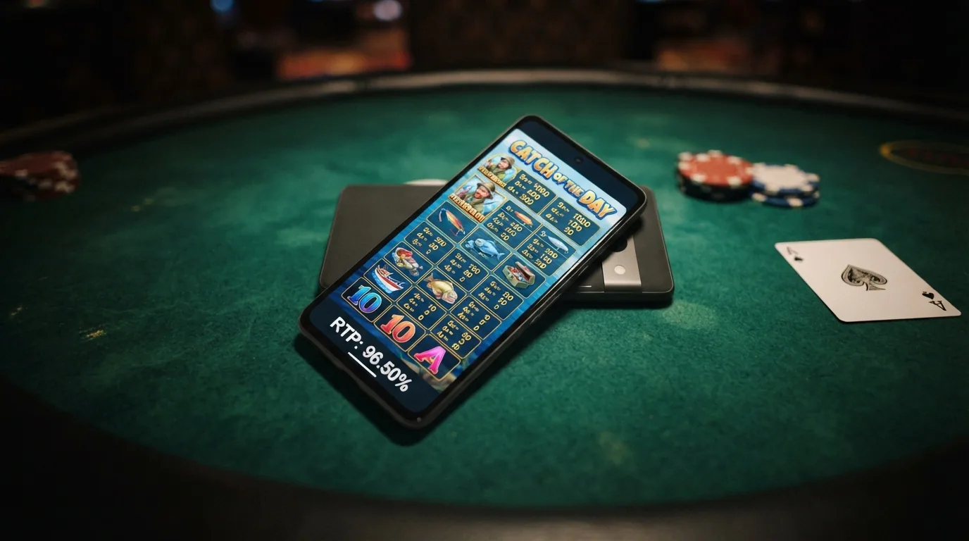 Captura de pantalla de una tragaperras popular como Big Bass Bonanza ejecutándose en un móvil Android, con el panel de información del RTP visible