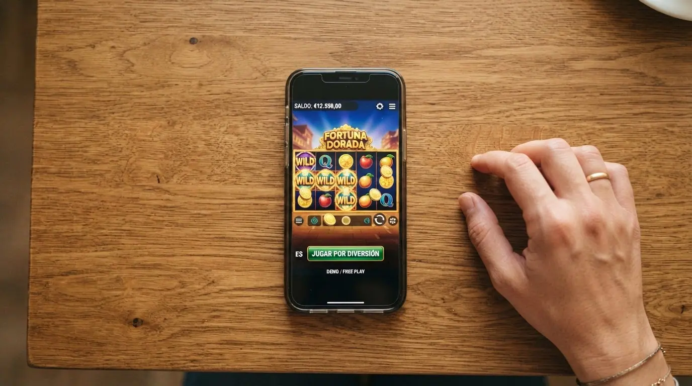 Pantalla de un slot en modo demo con saldo ficticio en euros y el indicador «Jugar por diversión» visible