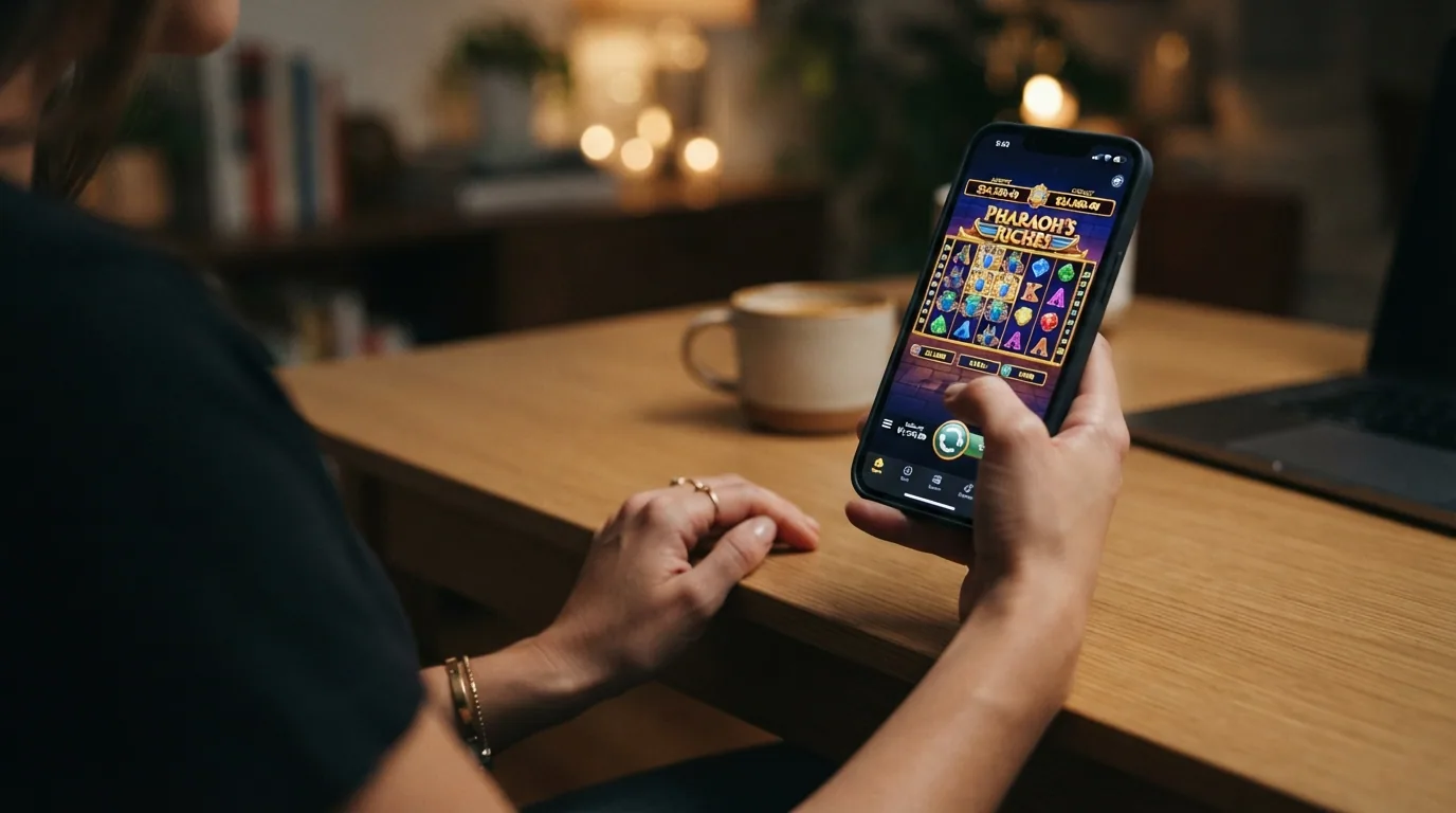 Mano sujetando un teléfono móvil Android con una tragaperras abierta en el navegador y el icono de descarga de APK visible