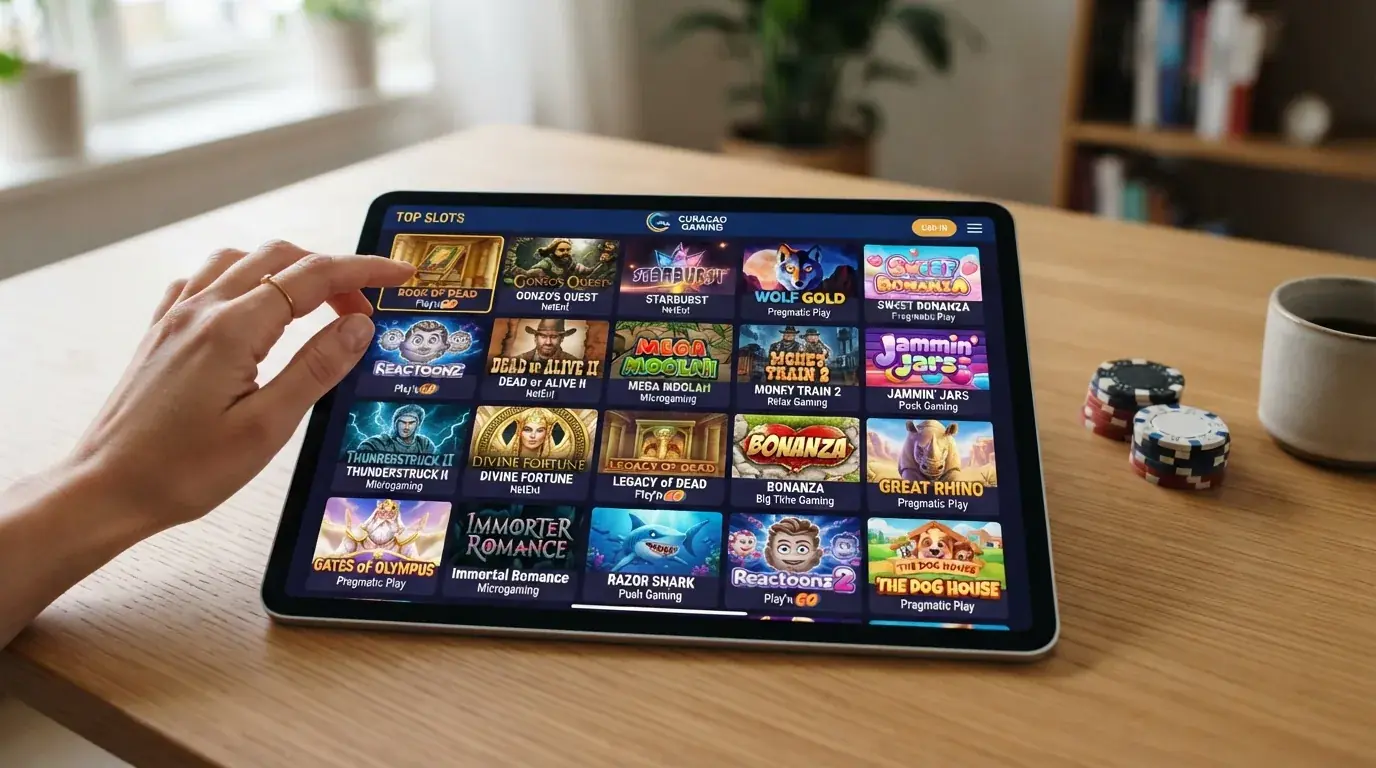 Una cuadrícula de carátulas de slots — Ganesha Golden Wheel, Sweet Bonanza, Gates of Olympus, Starburst — con los logos de Pragmatic Play, Evolution, NetEnt y Hacksaw debajo