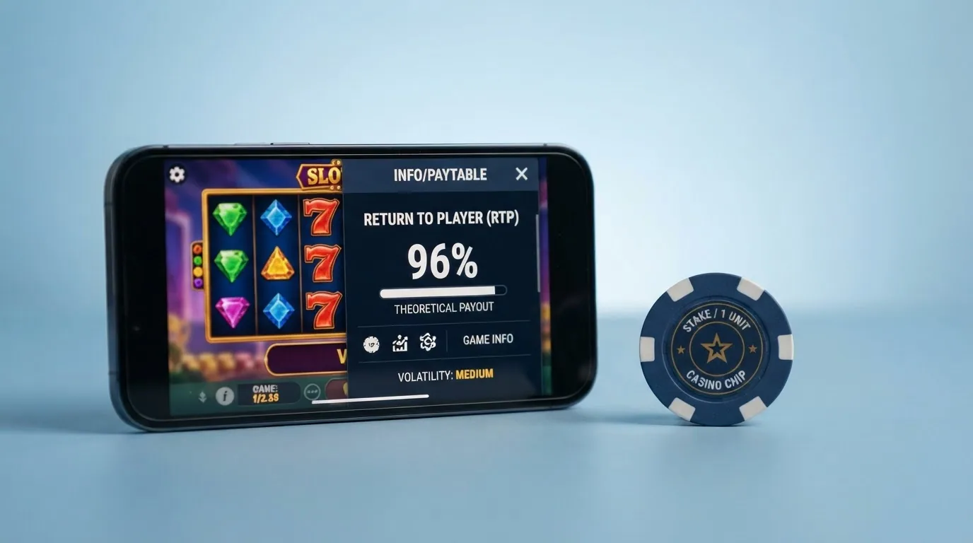 Captura de pantalla de una tragaperra online con la ficha de información del juego abierta mostrando el porcentaje de RTP y la volatilidad
