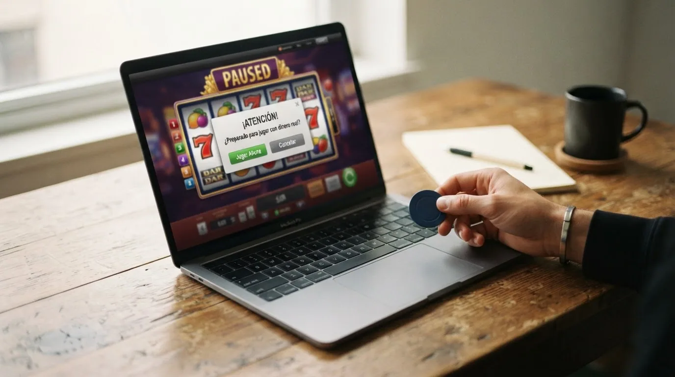 Un plano cenital de un teclado con una taza de café al lado y en la pantalla una tragaperras en pausa, con la pregunta «¿preparado para jugar con dinero real?» en un diálogo