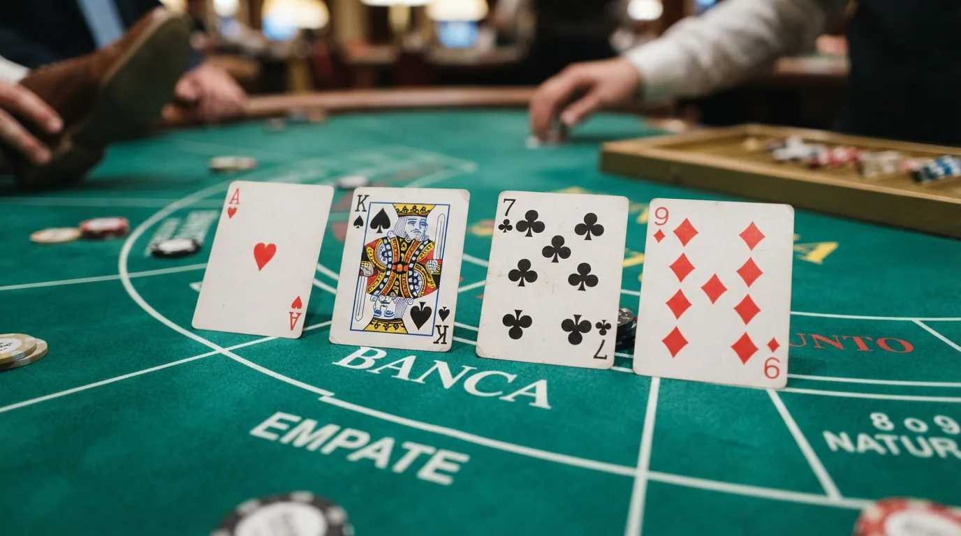 Primer plano de las cartas del punto y banca con su valor numérico visible: un as, una figura, un siete y un nueve sobre el tapete verde