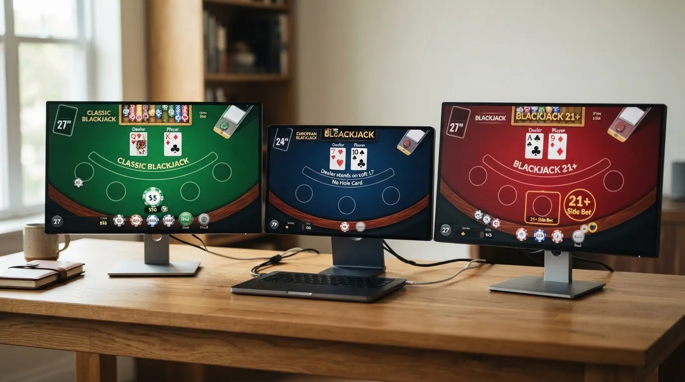 Tres mesas de blackjack online con distintas configuraciones de interfaz: clásico de 7 plazas, europeo y blackjack 21