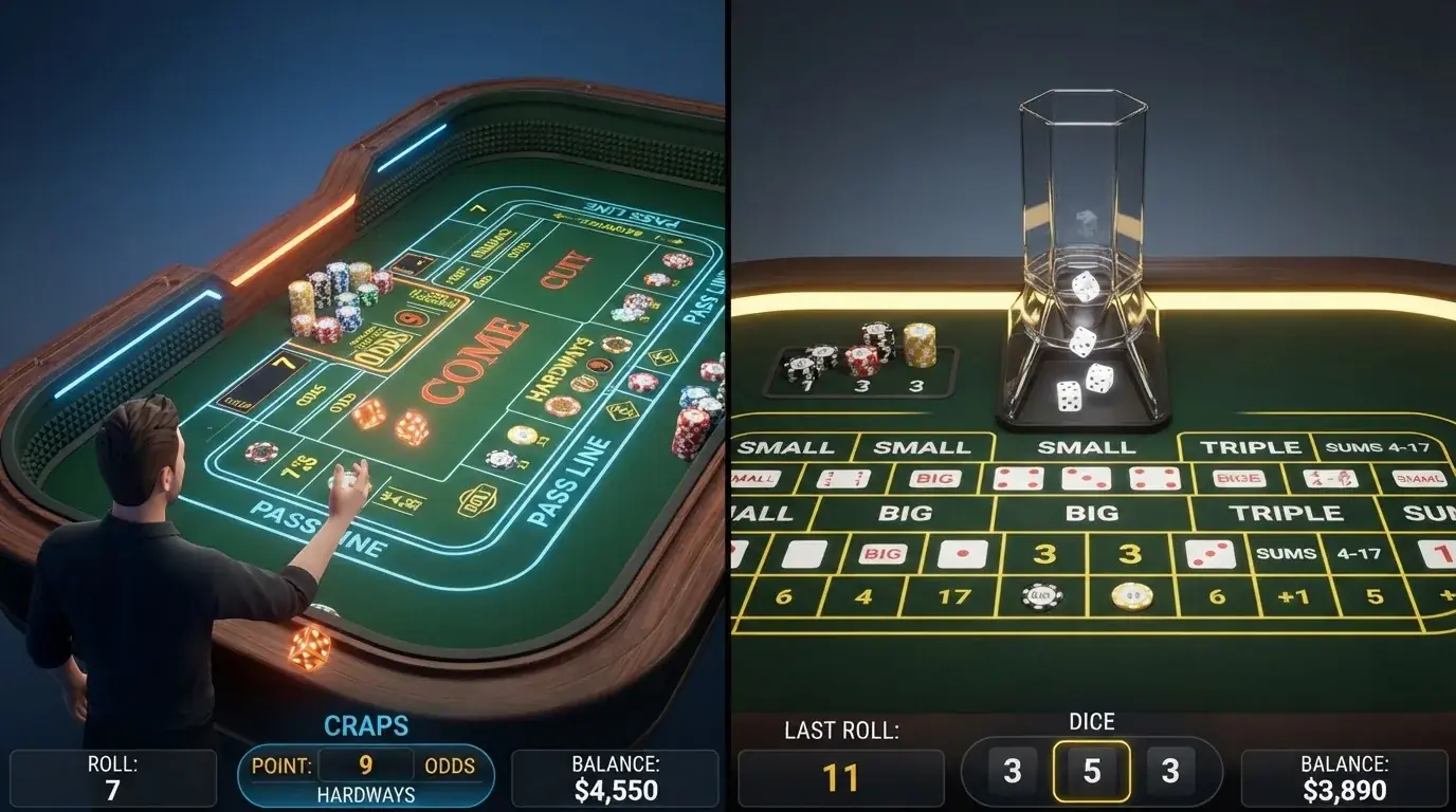 Una pantalla dividida con la interfaz digital de una mesa de craps a la izquierda y un tablero de sic bo a la derecha