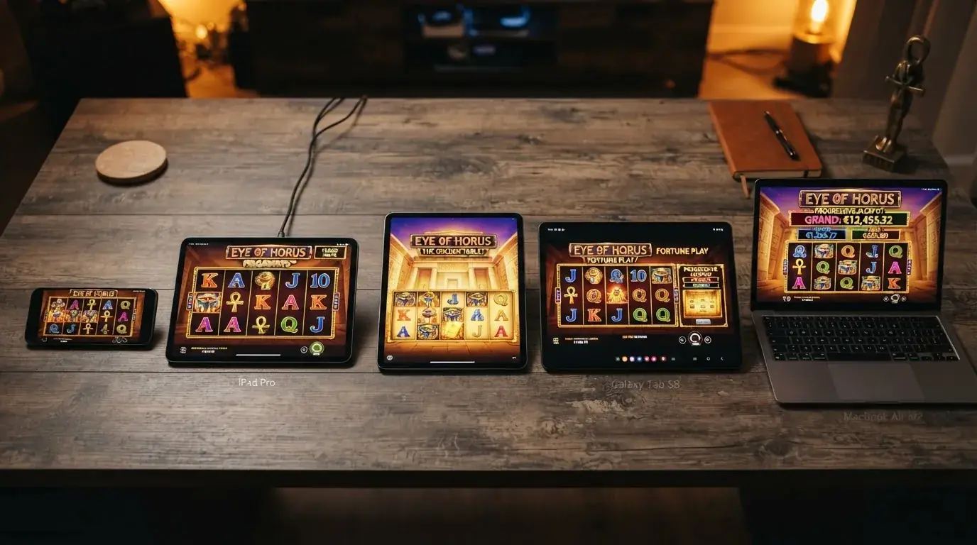 Comparativa visual de las pantallas de título de Eye of Horus original, Megaways, The Golden Tablet, Fortune Play y Jackpot King mostrando las diferencias de diseño y formato de carretes entre versiones