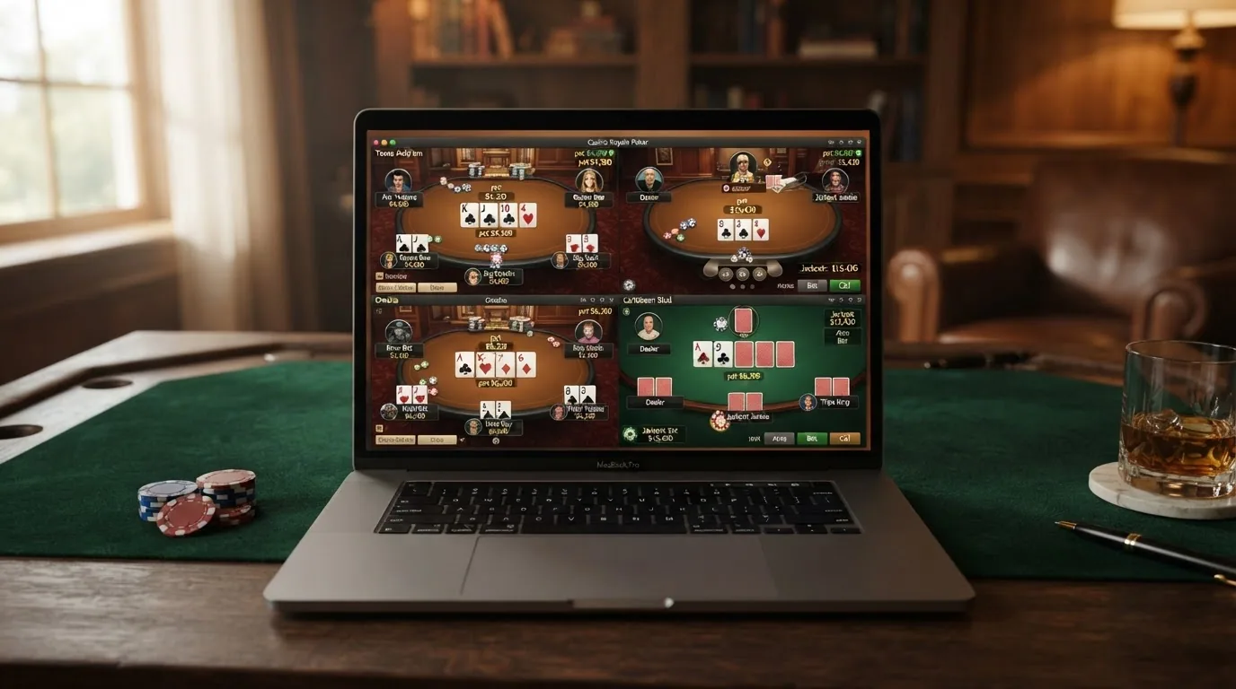 Mesa de casino digital mostrando tres variantes de poker: Texas Hold'em, Omaha y Caribbean Stud con sus respectivas fichas y cartas