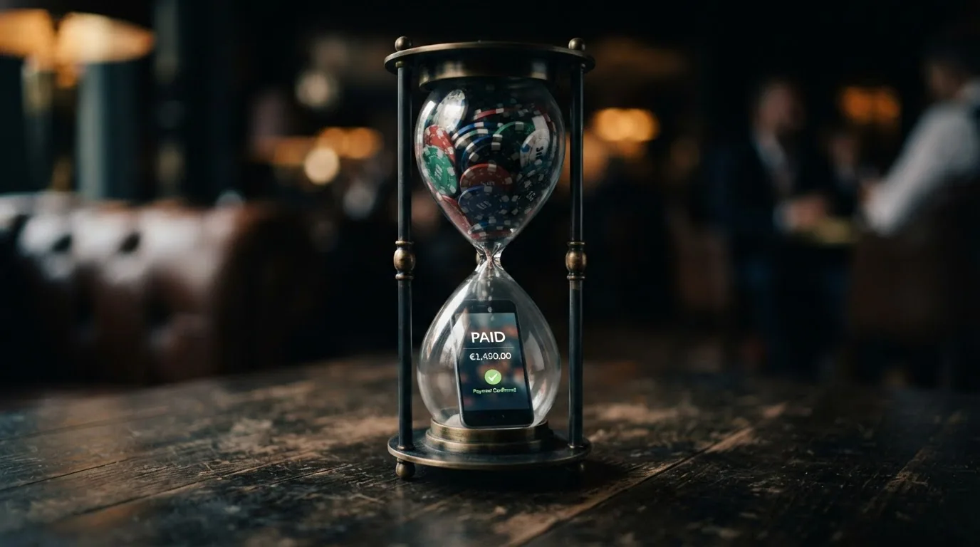 Un reloj de arena con billetes de euro en la mitad superior que caen lentamente hacia un teléfono móvil en la mitad inferior