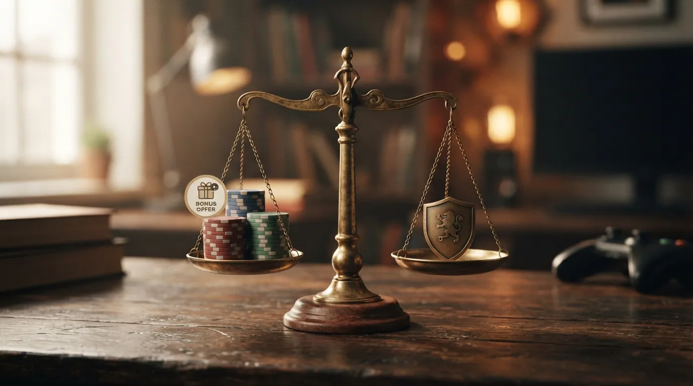 Una balanza con dos platillos: en uno, fichas de casino y un icono de bono; en el otro, un escudo con el logotipo de la DGOJ tachado
