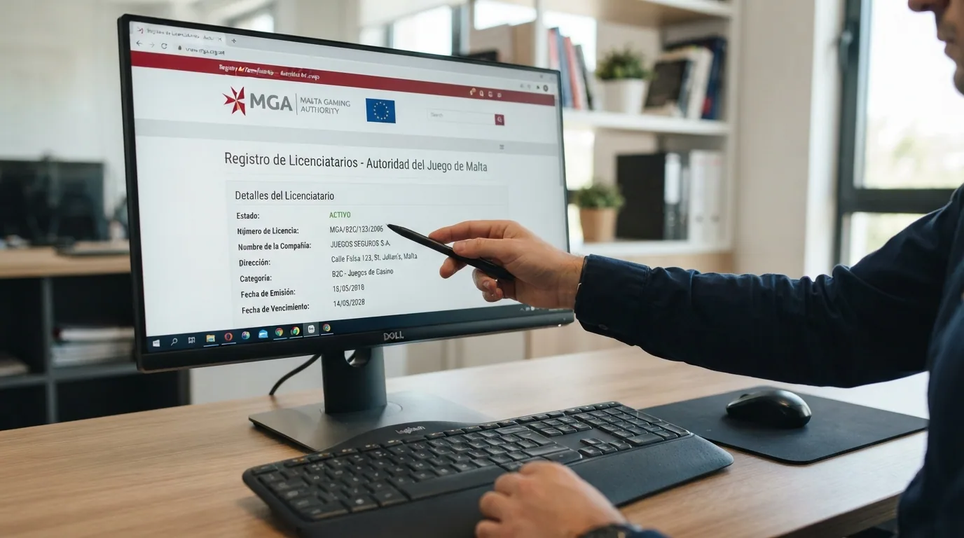 Pantalla del registro público de licencias de la MGA con los datos de un operador: razón social, número de licencia y URL