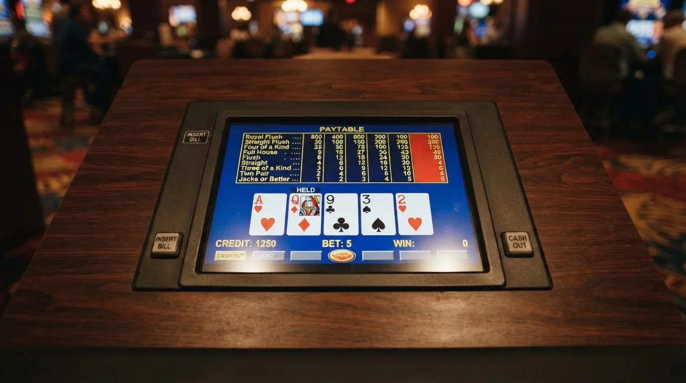 Pantalla de una máquina de video poker online mostrando una mano de Jacks or Better con la tabla de pagos visible