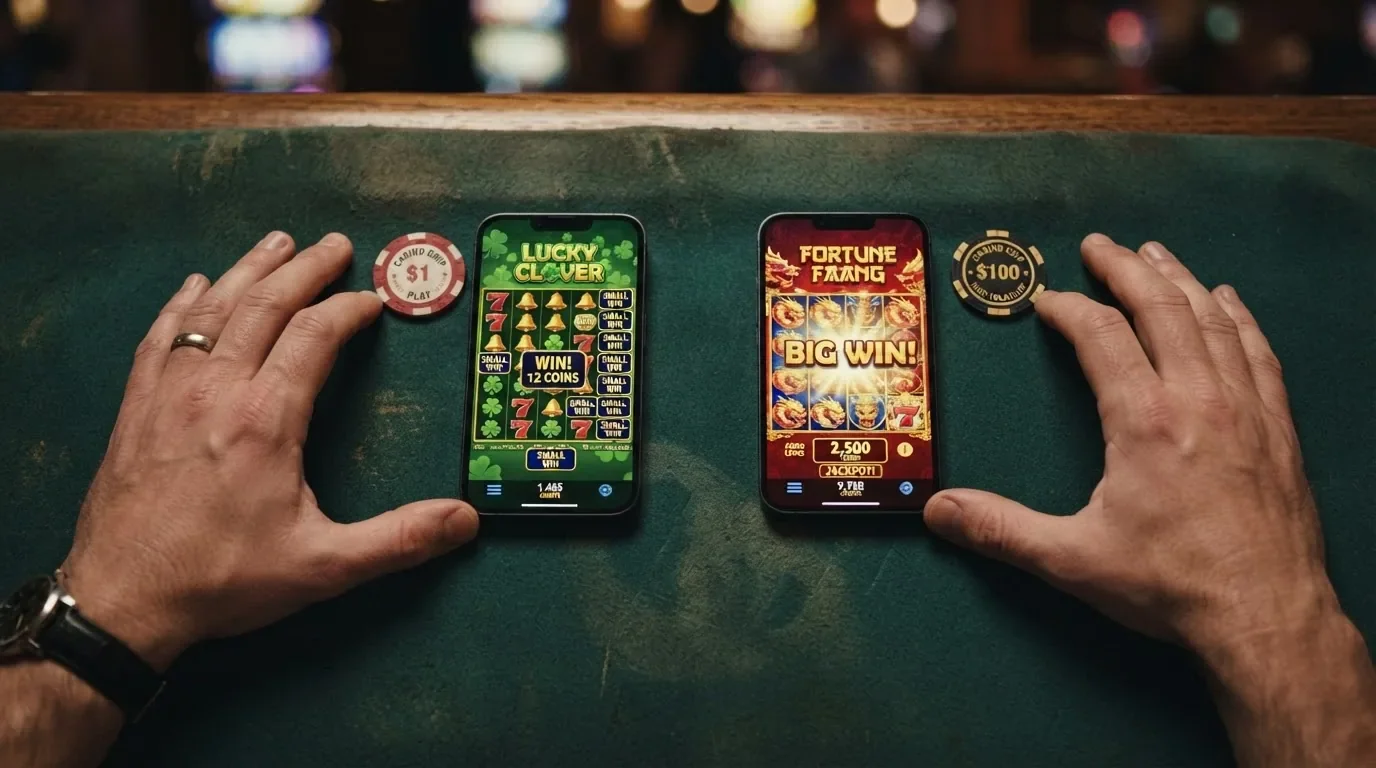 Gráfico comparativo de dos slots: una de volatilidad baja con pagos frecuentes y pequeños, otra de volatilidad alta con pagos escasos y grandes